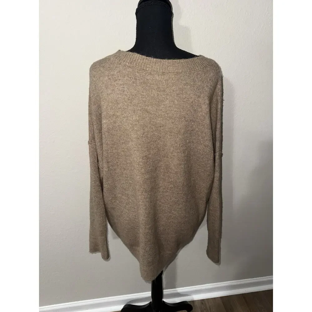 Vince Camuto Sweater L Taupe Tan Heathered Oversized Knit Pullover Large Seam